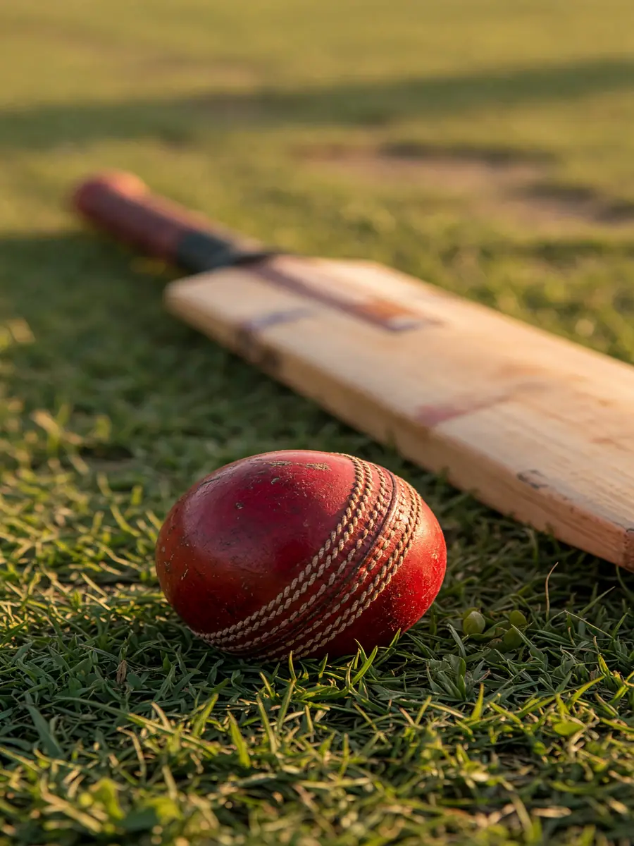 Cricket ball sitting on the pitch grass with the bat behind