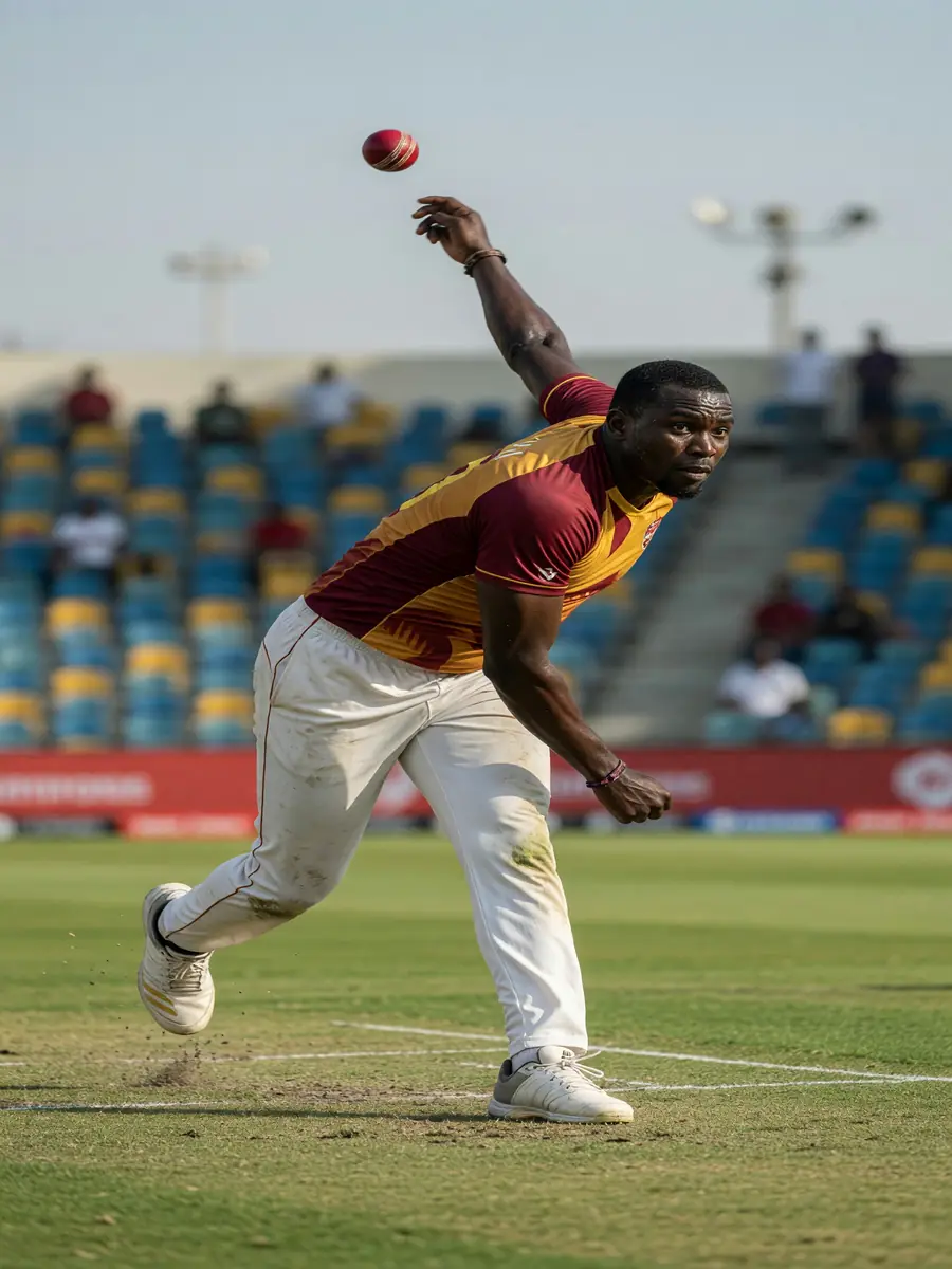 Cricket bowler in delivery stride on a green pitch