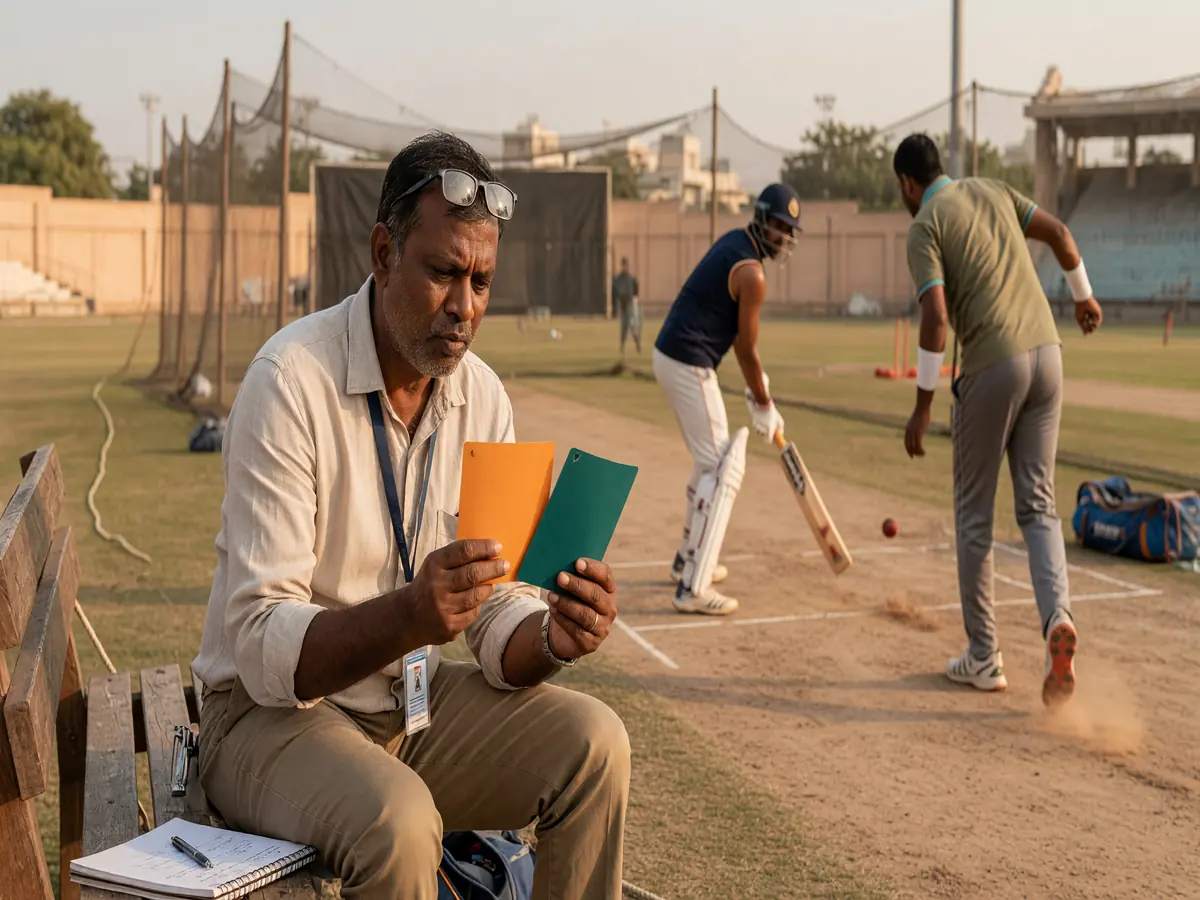 Cricket analyst studying two blank selection cards beside a practice ground