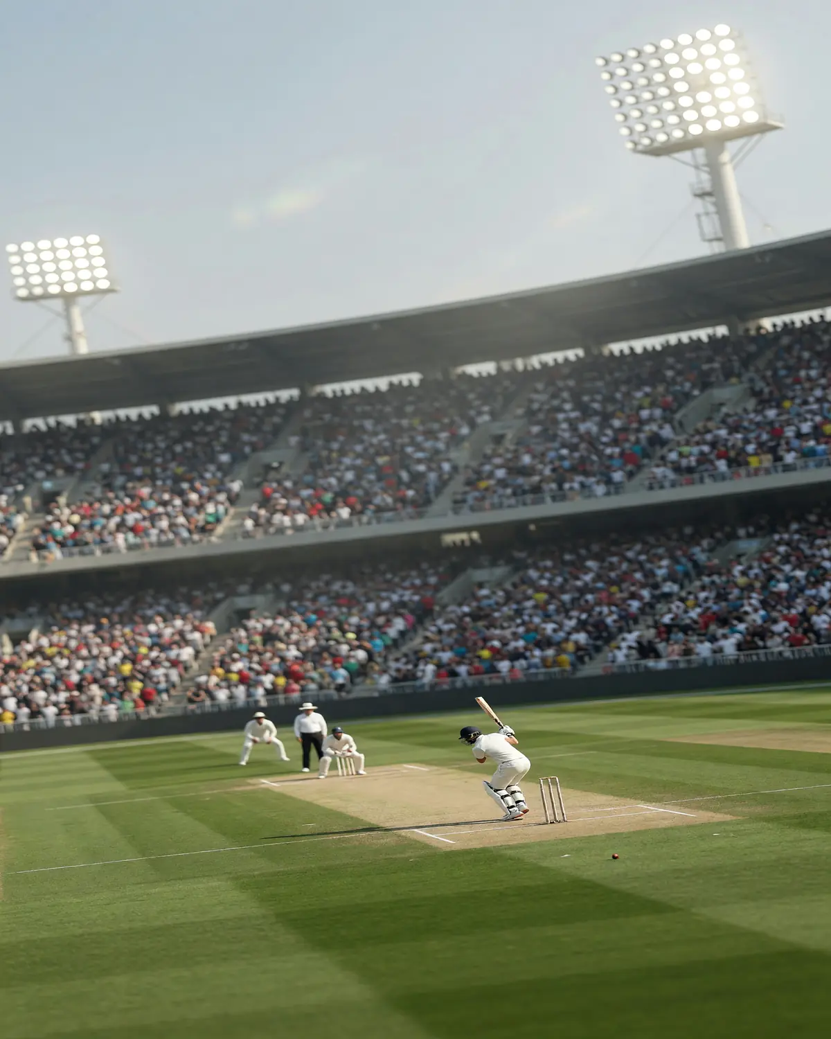Cricket stadium under daylight with green pitch and packed stands
