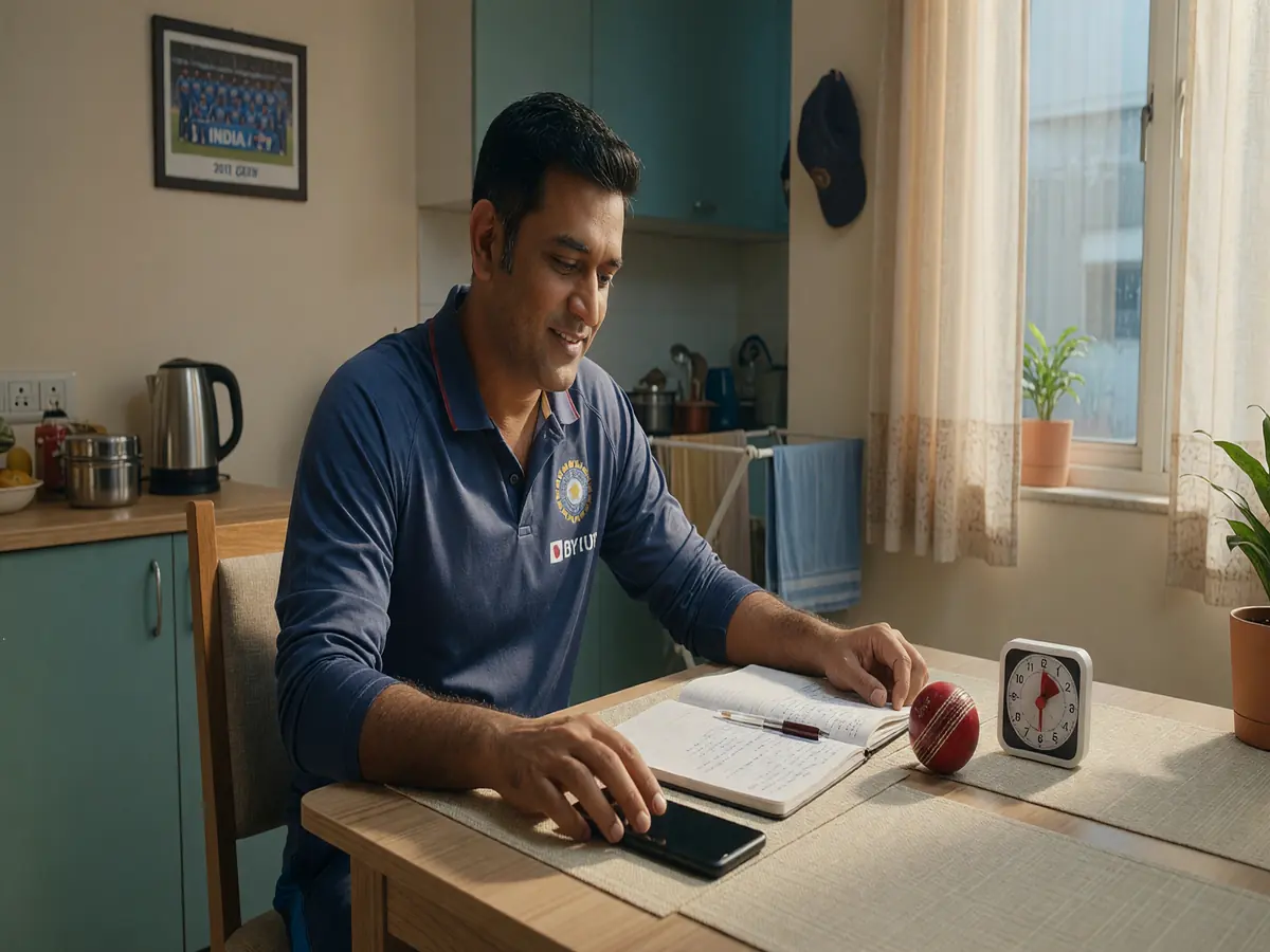 Adult fan ending a short planning session at a tidy dining table with phone face down
