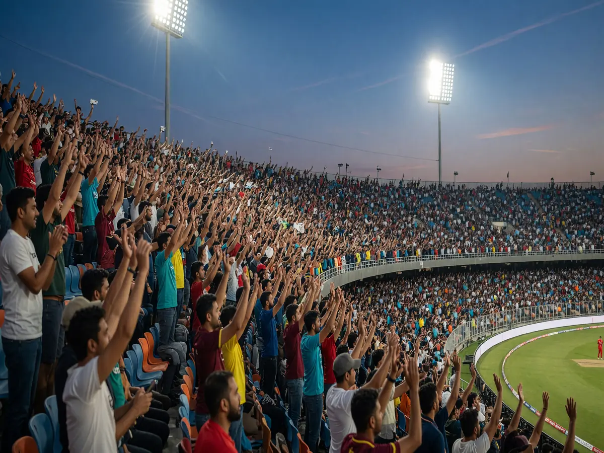 Cricket stadium crowd doing the wave during an evening match