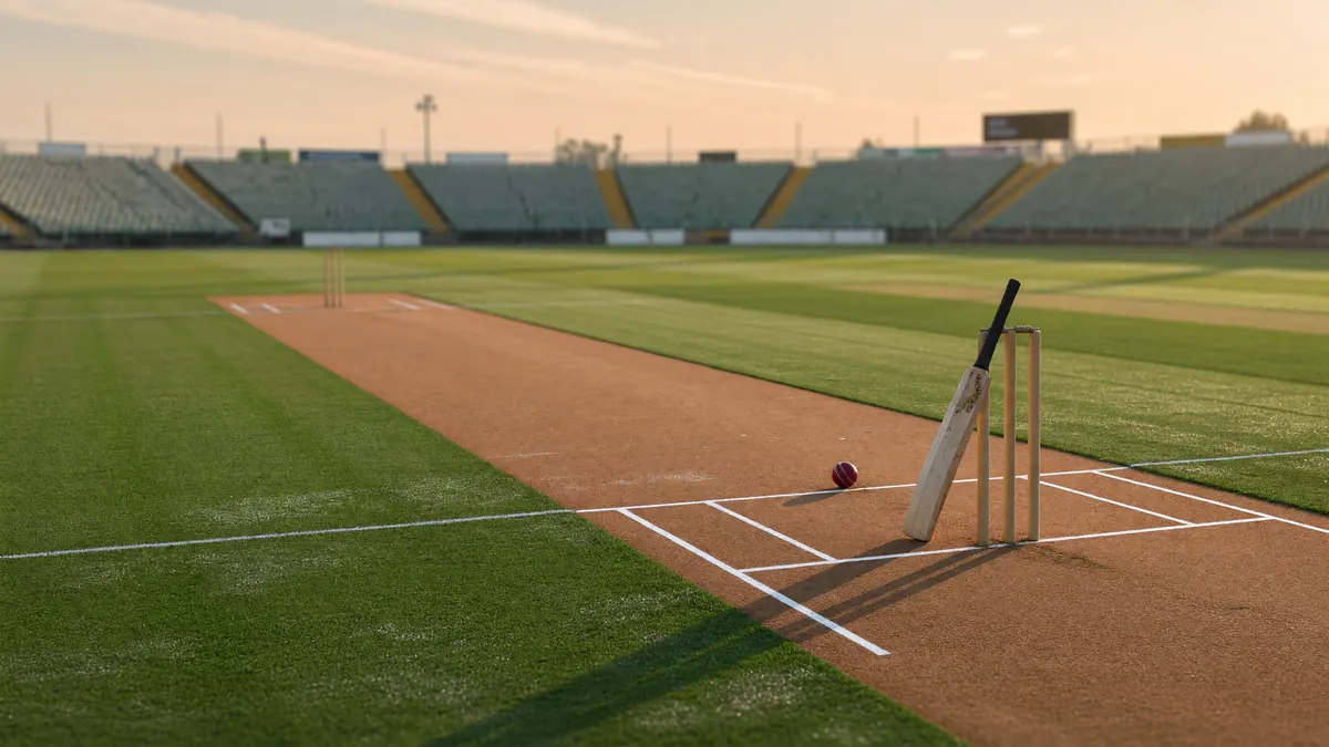Cricket stadium under daylight with green pitch and packed stands