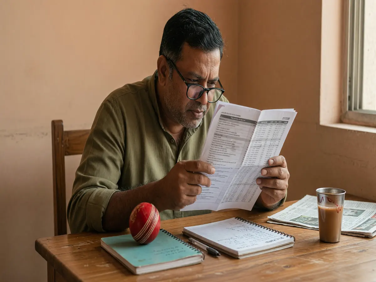 Reading a printed list of bonus eligibility conditions at a wooden table
