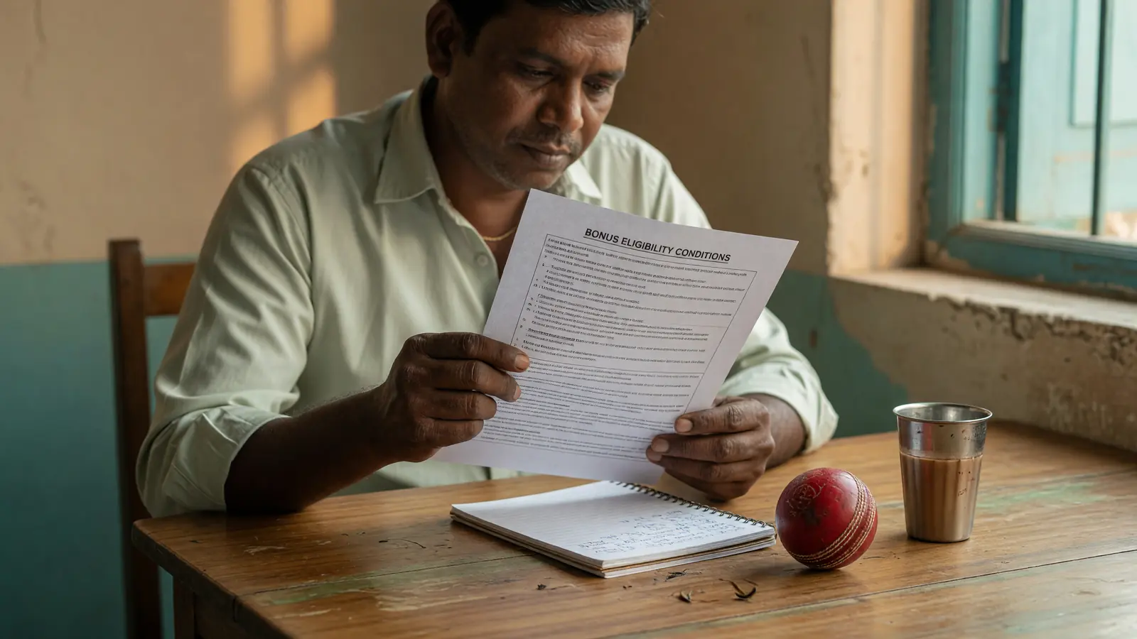Reading a printed list of bonus eligibility conditions at a wooden table