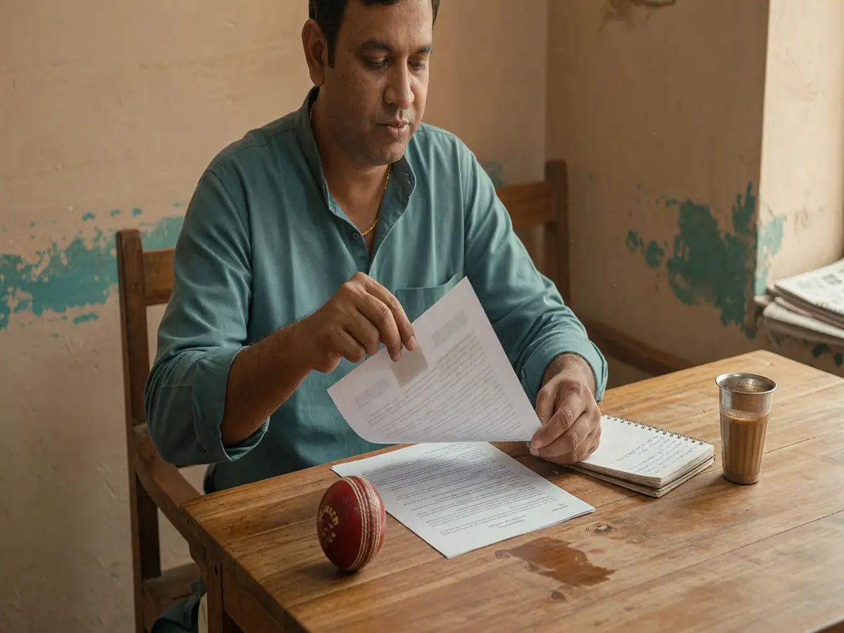 Reading a printed list of state-wise fantasy regulations on a clipboard