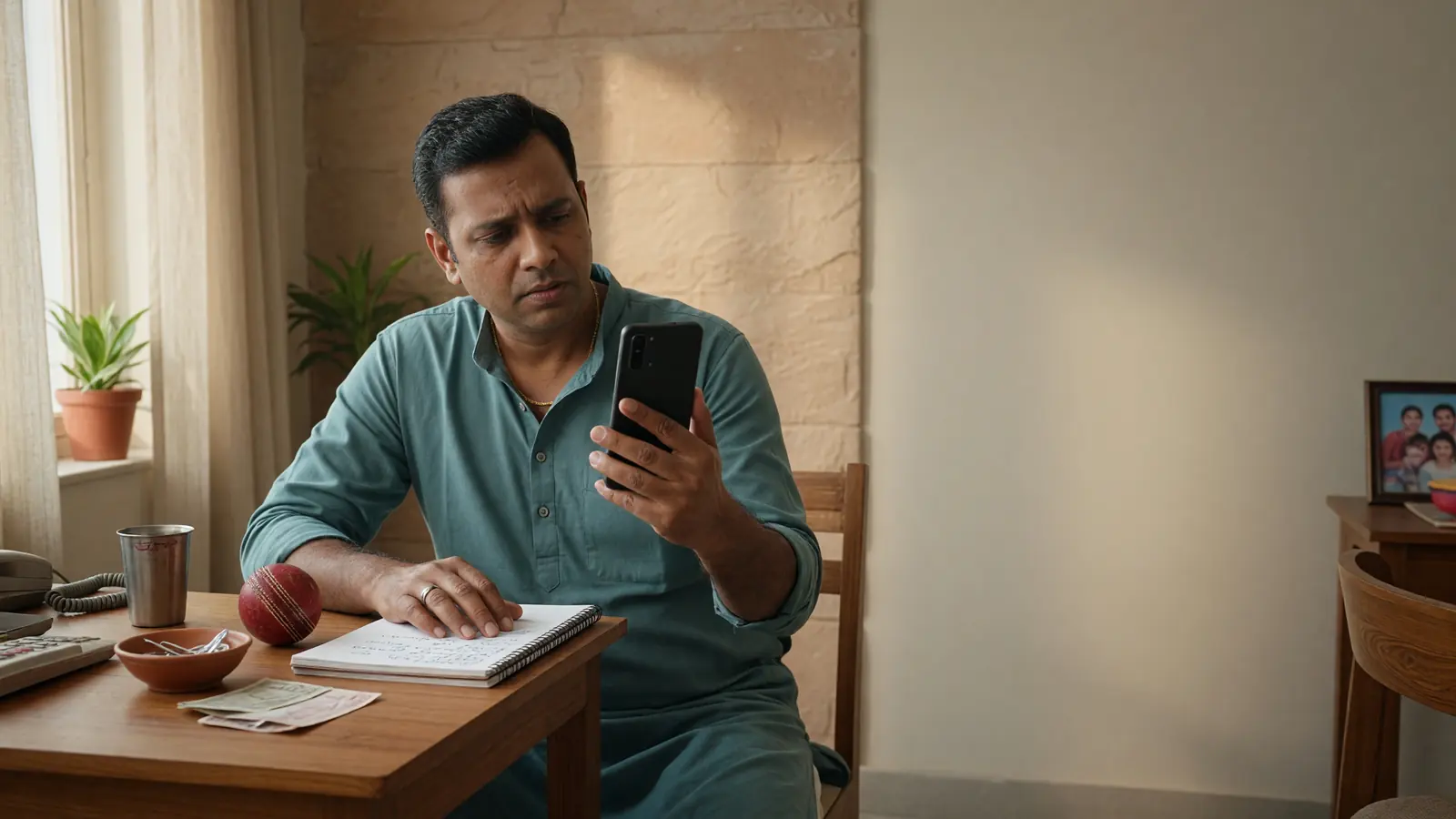 Adult preparing to access a fantasy cricket account on an unbranded smartphone at a home desk