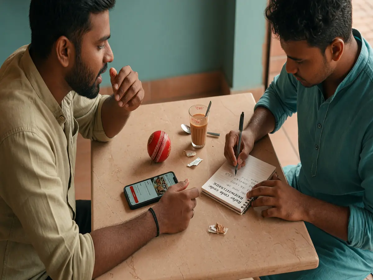 Reading a printed terms page before sharing a referral at a wooden table