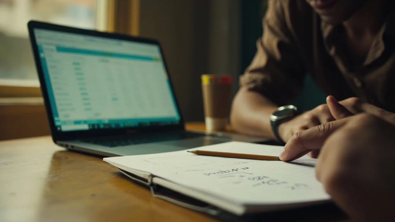 Reader's hands resting on a wooden desk beside a slim laptop showing a softly blurred fixture list, with a paper notebook and pencil nearby