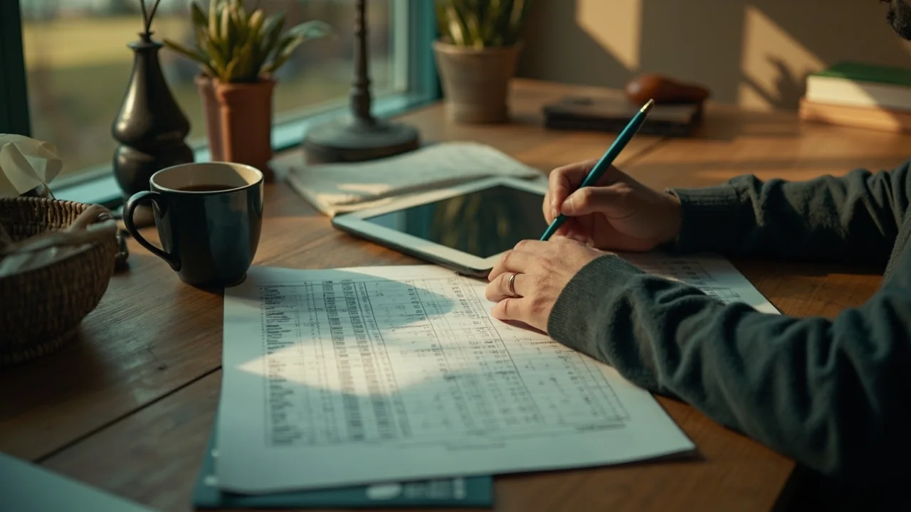 A tidy wooden home desk with a printed fixture list, an open notebook and a coffee cup under warm window light