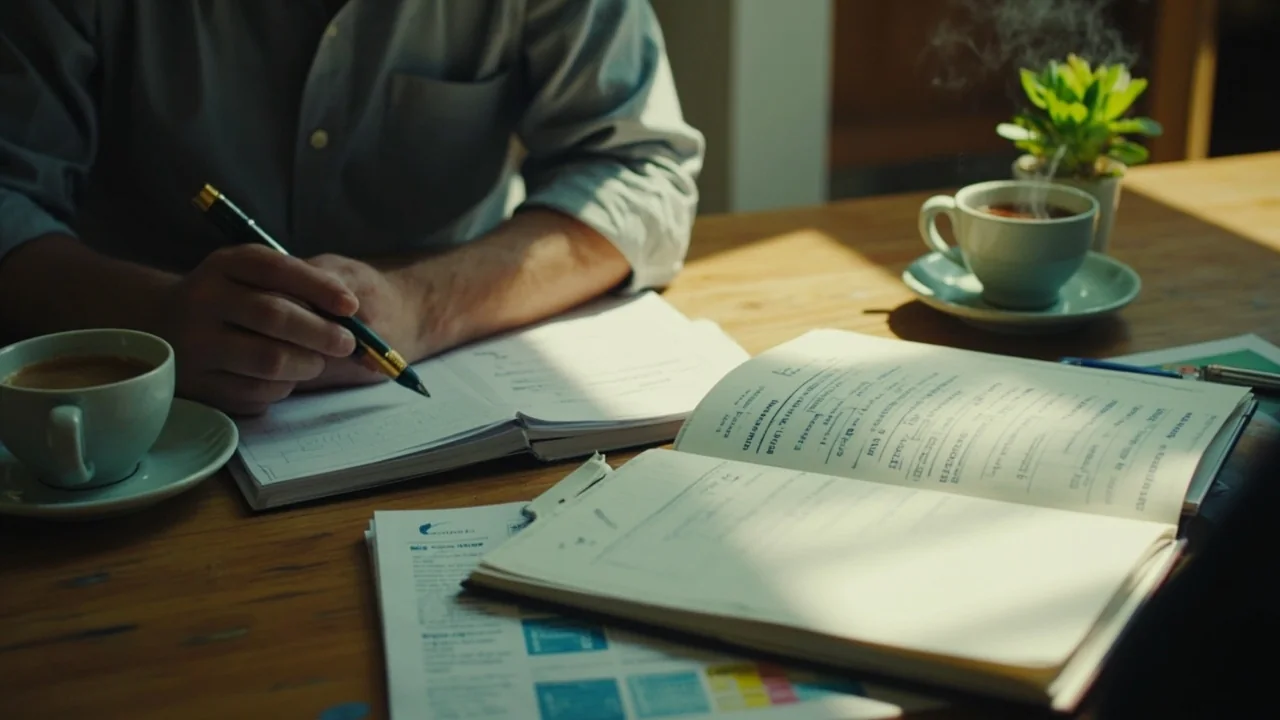 Reader planning a week of cricket reading at a tidy dining table with an open planner notebook, a printed guide, a printed preview and a steaming cup of tea